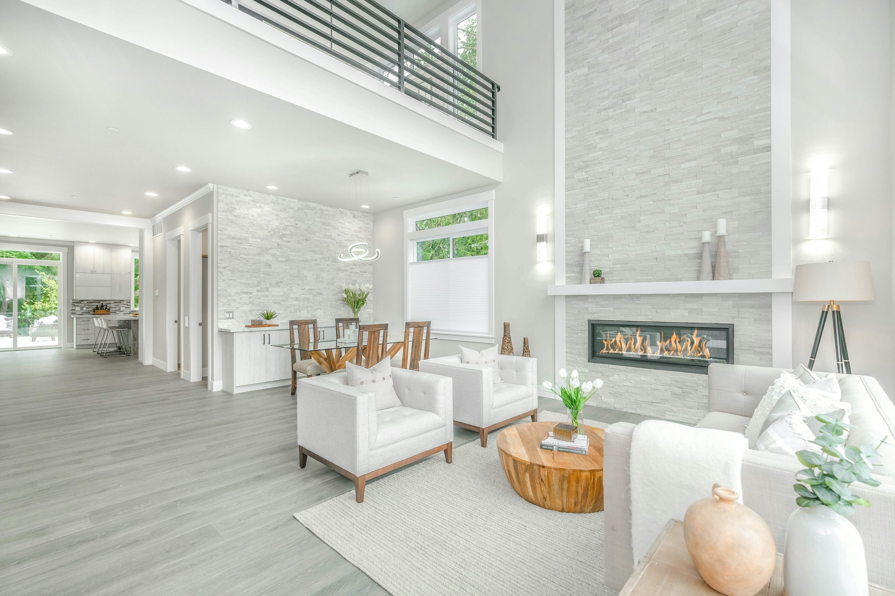 Sunlit luxury interior with designer furniture and warm tones