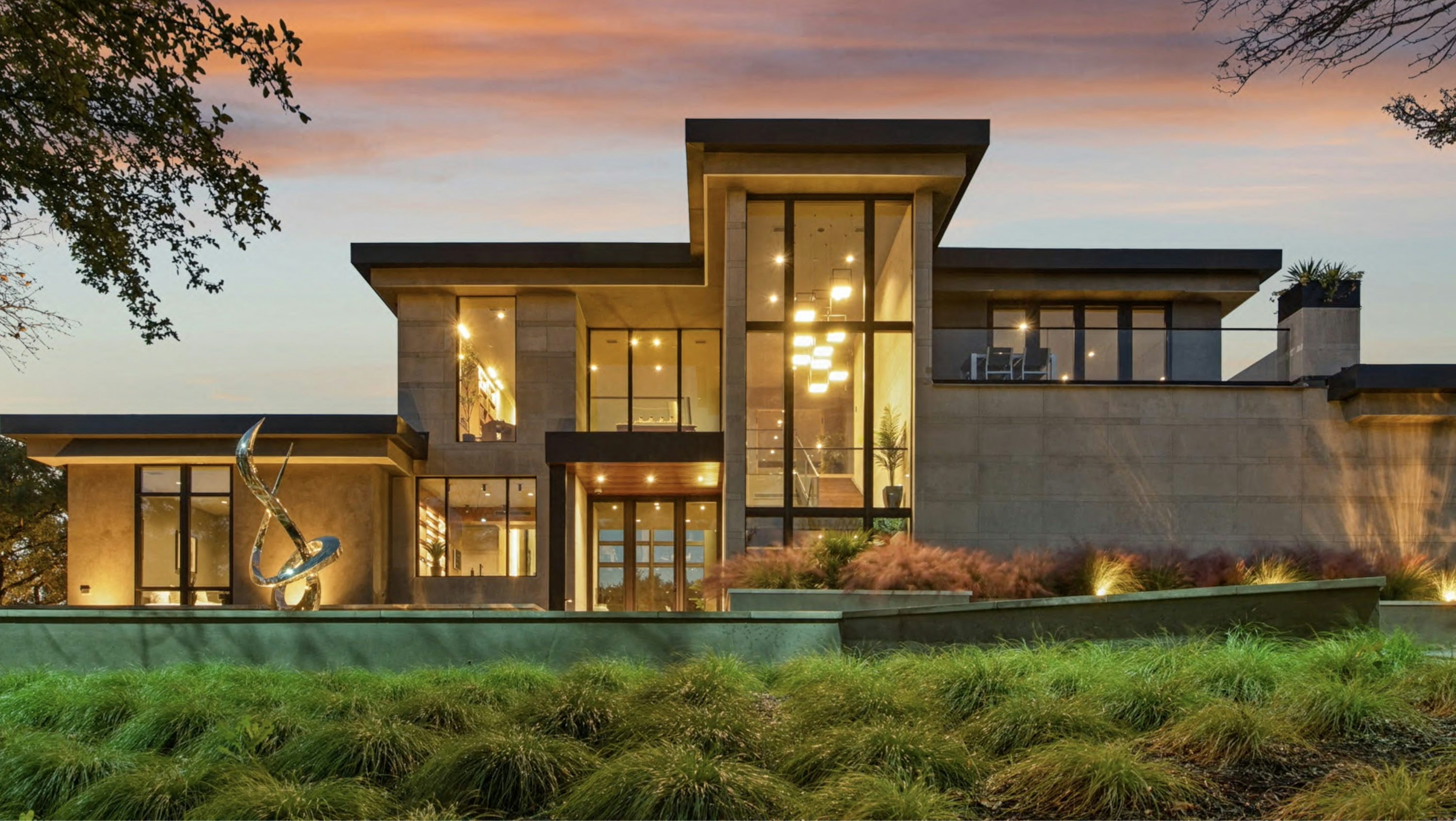 Elegant residential neighborhood at dusk with warm lighting